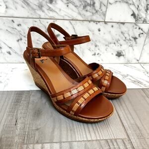 Clarks Pitch Cocoa Wedge Sandal Womens Size 9M Tan Leather Platform Comfort Shoe
